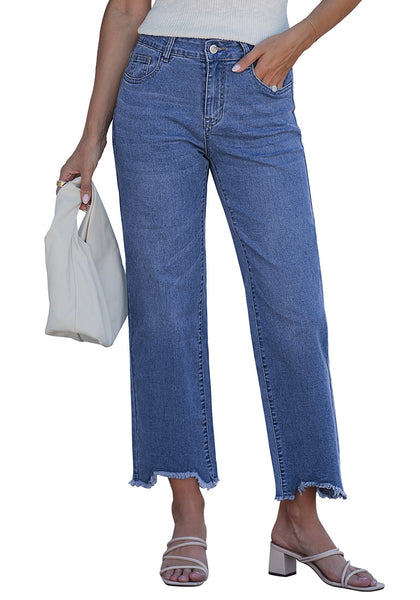 LookbookStore Women's Classic Blue Mid Rise Straight Leg Cropped Jeans Baggy Loose Distressed Raw Hem Stretchy Denim Pants