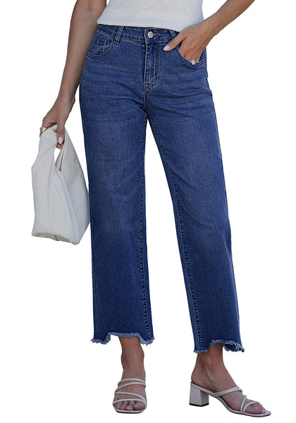 LookbookStore Women's Darkness Blue Mid Rise Straight Leg Cropped Jeans Baggy Loose Distressed Raw Hem Stretchy Denim Pants