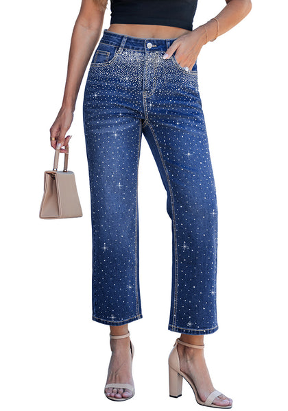 LookbookStore Darkness Blue Women High Waisted Rhinestone Embellished Wide Leg Cropped Denim Jeans Casual Wear Staple