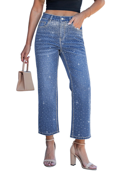LookbookStore Timeless Blue Women High Waisted Rhinestone Embellished Wide Leg Cropped Denim Jeans Casual Wear Staple