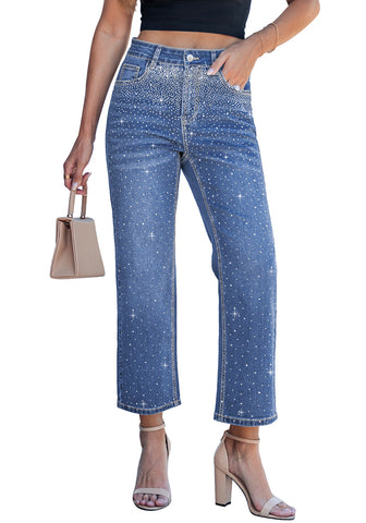 LookbookStore Timeless Blue Women High Waisted Rhinestone Embellished Wide Leg Cropped Denim Jeans Casual Wear Staple