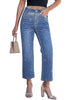 LookbookStore Timeless Blue Women High Waisted Rhinestone Embellished Wide Leg Cropped Denim Jeans Casual Wear Staple