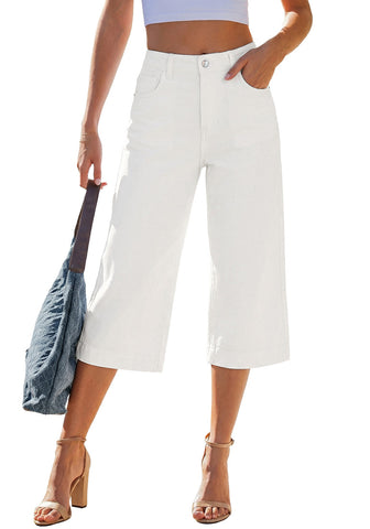 LookbookStore Women's Cream White High Waisted Wide Leg Capri Pants Stretchy Denim Jeans Side Seam Design Casual Summer Trendy Style