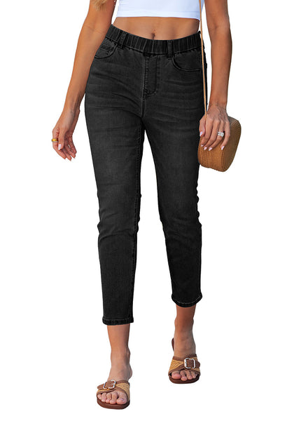 LookbookStore Washed Black Cropped Straight Leg Jeans for Women High Waisted Slim Fit Denim Pants with Pockets