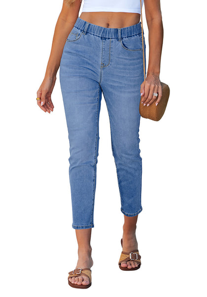 LookbookStore Medium Blue Cropped Straight Leg Jeans for Women High Waisted Slim Fit Denim Pants with Pockets