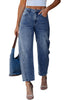 LookbookStore Women's Dark Ocean Blue High Waisted Baggy Barrel Jeans Cropped Wide Leg Casual Stretchy Denim Pants with Side Seam