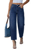 LookbookStore Women's Darkness Blue High Waisted Baggy Barrel Jeans Cropped Wide Leg Casual Stretchy Denim Pants with Side Seam