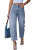 LookbookStore Women's Bay Blue High Waisted Baggy Barrel Jeans Cropped Wide Leg Casual Stretchy Denim Pants with Side Seam