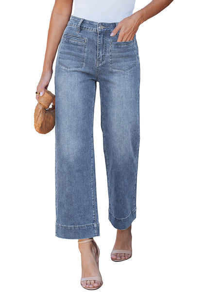LookbookStore Women's Ocean Blue Cropped Wide Leg Jeans High Waisted Baggy Straight Stretch Denim Pants With Patch Pockets