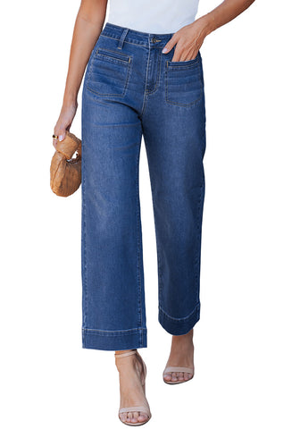 LookbookStore Women's Classic Blue Cropped Wide Leg Jeans High Waisted Baggy Straight Stretch Denim Pants With Patch Pockets