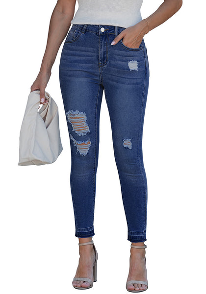 LookbookStore Women's Nightfall Blue High Waisted Cropped Skinny Jeans Trendy Distressed Ripped Stretch Denim Pants