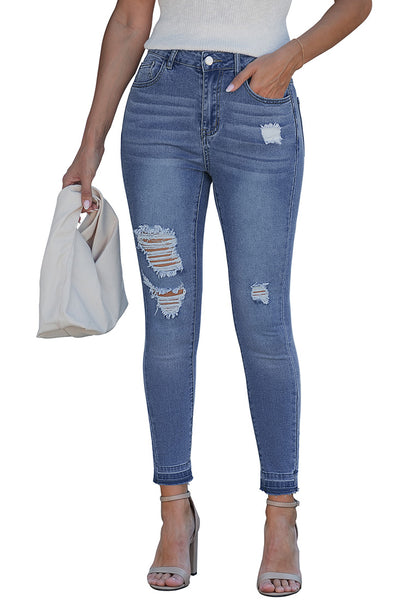 LookbookStore Women's Reef Blue High Waisted Cropped Skinny Jeans Trendy Distressed Ripped Stretch Denim Pants