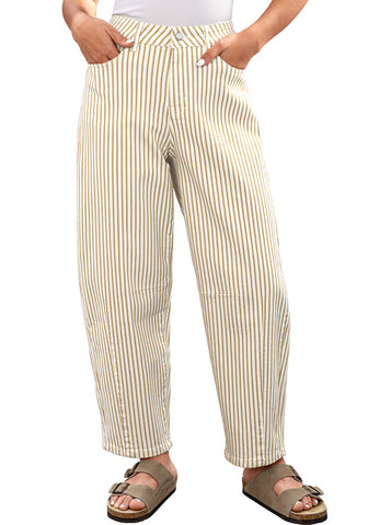 LookbookStore Women's Khaki Trendy Barrel Jeans Baggy Wide Leg Pinstripe High Waisted Cropped Stretchy Denim Pants