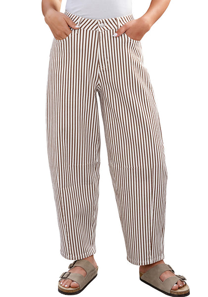 LookbookStore Women's Brown Trendy Barrel Jeans Baggy Wide Leg Pinstripe High Waisted Cropped Stretchy Denim Pants
