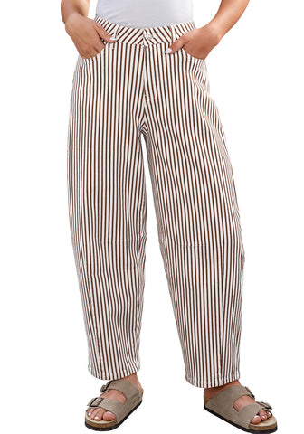 LookbookStore Women's Brown Trendy Barrel Jeans Baggy Wide Leg Pinstripe High Waisted Cropped Stretchy Denim Pants