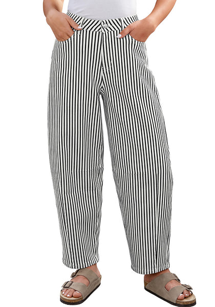 LookbookStore Women's Black Trendy Barrel Jeans Baggy Wide Leg Pinstripe High Waisted Cropped Stretchy Denim Pants