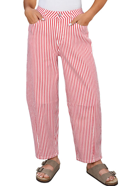 LookbookStore Women's Red Trendy Barrel Jeans Baggy Wide Leg Pinstripe High Waisted Cropped Stretchy Denim Pants