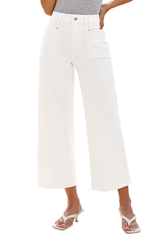 LookbookStore Cream White Women's High Waisted Wide Leg Cropped Denim Jeans with Structured Utility Pockets Stylish Chic Daily Wear Staple