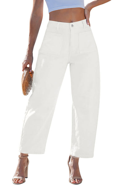 LookbookStore Cream White Barrel Jeans for Women Chic Retro High Waist Loose Cropped Denim Pants with Utility Patch Pockets