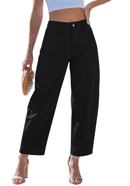 LookbookStore True Black Barrel Jeans for Women Chic Retro High Waist Loose Cropped Denim Pants with Utility Patch Pockets