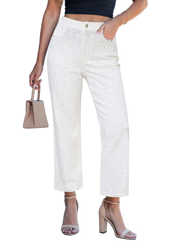 LookbookStore Cream White Women High Waisted Rhinestone Embellished Wide Leg Cropped Denim Jeans Casual Wear Staple