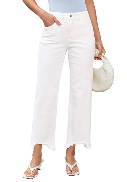 LookbookStore Women's Cream White Mid Rise Straight Leg Cropped Jeans Baggy Loose Distressed Raw Hem Stretchy Denim Pants