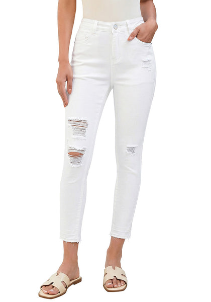 LookbookStore Women's Cream White High Waisted Cropped Skinny Jeans Trendy Distressed Ripped Stretch Denim Pants
