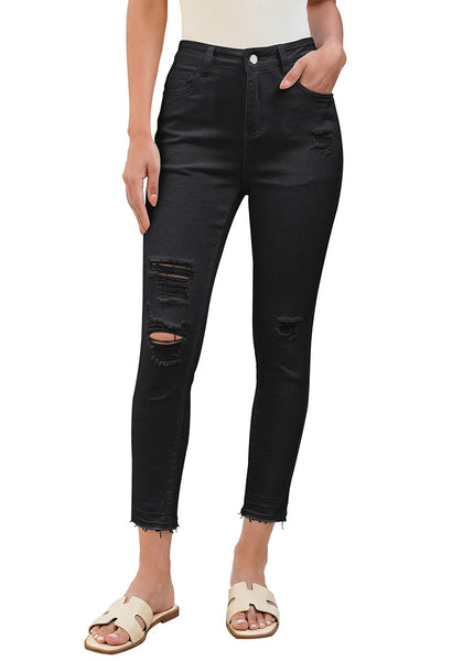 LookbookStore Women's True Black High Waisted Cropped Skinny Jeans Trendy Distressed Ripped Stretch Denim Pants