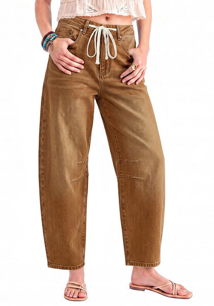 Golden Brown Barrel Jeans for Women High Waisted Baggy Drawstring Wide Leg Denim Pants Stretchy Ankle Length 27.5 Inseam Casual Trendy