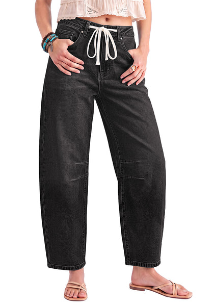 Washed Black Barrel Jeans for Women High Waisted Baggy Drawstring Wide Leg Denim Pants Stretchy Ankle Length 27.5 Inseam Casual Trendy