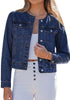 LookbookStore Women Nightfall Blue Denim Jacket Crew Neck Button Front Utility Pockets Relaxed Fit Casual Daily Wear Staple