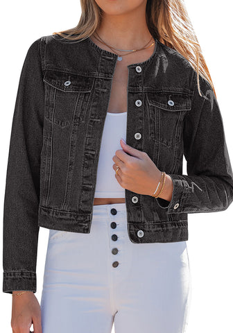 LookbookStore Women Washed Black Denim Jacket Crew Neck Button Front Utility Pockets Relaxed Fit Casual Daily Wear Staple