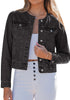 LookbookStore Women Washed Black Denim Jacket Crew Neck Button Front Utility Pockets Relaxed Fit Casual Daily Wear Staple