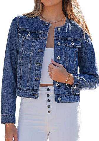 LookbookStore Women Classic Blue Denim Jacket Crew Neck Button Front Utility Pockets Relaxed Fit Casual Daily Wear Staple