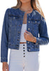LookbookStore Women Classic Blue Denim Jacket Crew Neck Button Front Utility Pockets Relaxed Fit Casual Daily Wear Staple