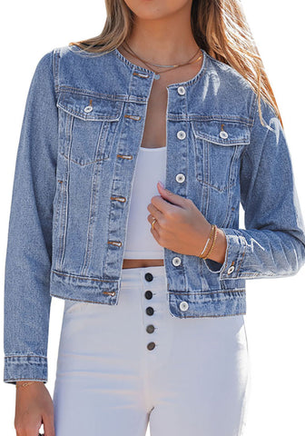 LookbookStore Women Roadknight Blue Denim Jacket Crew Neck Button Front Utility Pockets Relaxed Fit Casual Daily Wear Staple