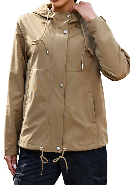 LookbookStore Women Natural Brown Waterproof Lightweight Rain Jacket Hooded Windbreaker Drawstring Zip Rain Coat for Hiking Outdoor Travel