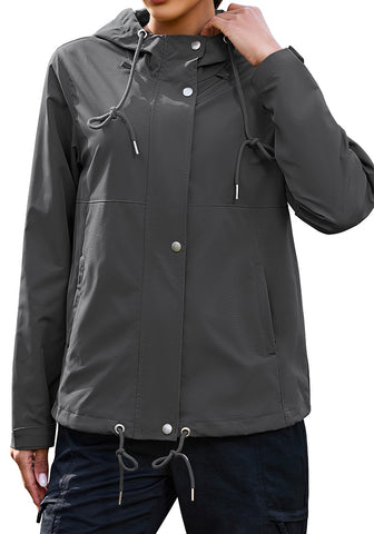 LookbookStore Women Dark Gray Waterproof Lightweight Rain Jacket Hooded Windbreaker Drawstring Zip Rain Coat for Hiking Outdoor Travel