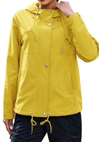 LookbookStore Women Gold Yellow Waterproof Lightweight Rain Jacket Hooded Windbreaker Drawstring Zip Rain Coat for Hiking Outdoor Travel