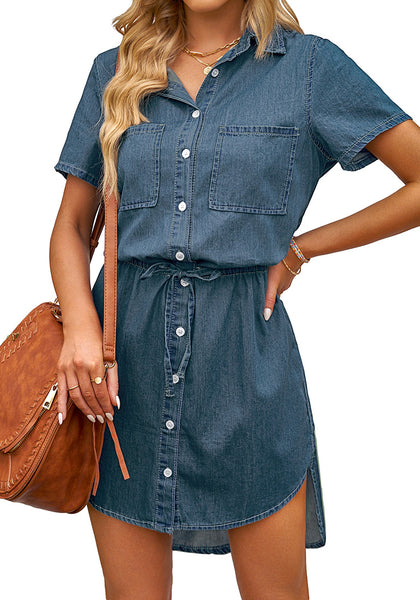 Vintage Blue Elastic Waist Curved Hem Button Down Denim Shirt Dress