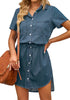 Vintage Blue Elastic Waist Curved Hem Button Down Denim Shirt Dress