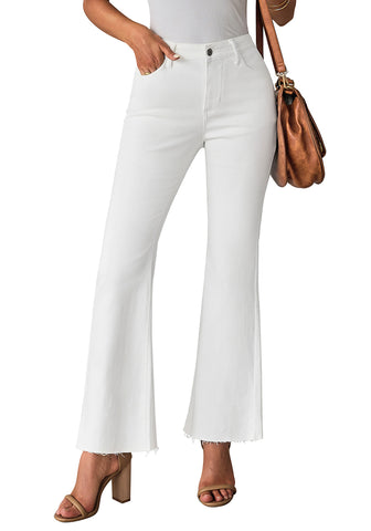 Cream White Women's Full Length High Waist Regular Fit Flare Jeans Slight Stretch