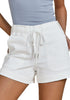 Cream White Women's Comfy Denim Drawstring Flat Front Jean Pocket Shorts Stretch Utility Styles