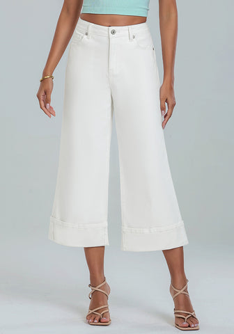 Off White Women's High Waisted Wide Leg Denim Jeans Cuffed Hem Baggy Pockets Capri Pants