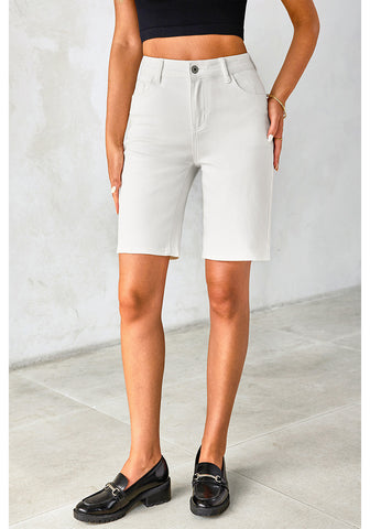 Cream White Relaxed Fit High Waisted Denim Bermuda Shorts Straight Leg Jeans