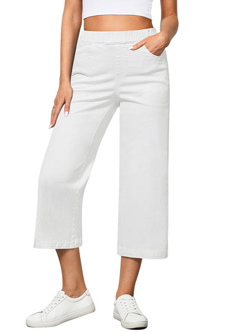 Cream White Women's Denim Capri Elastic Waist High Waist Pant Pocket