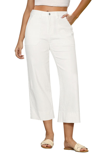 Cream White Women's Cropped High Rise Denim Pull On Retro Wide Leg Jeans