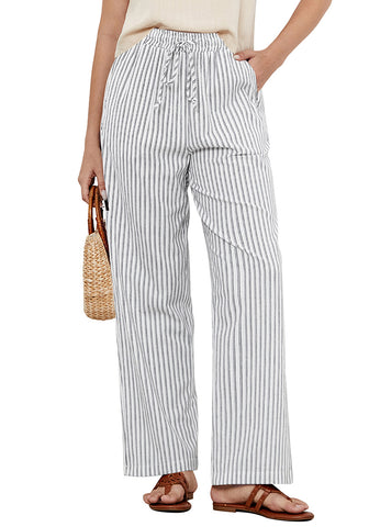 White Black Stripe Women's Drawstring Full Length High Waist Long Pants Wide Leg Striped Trousers