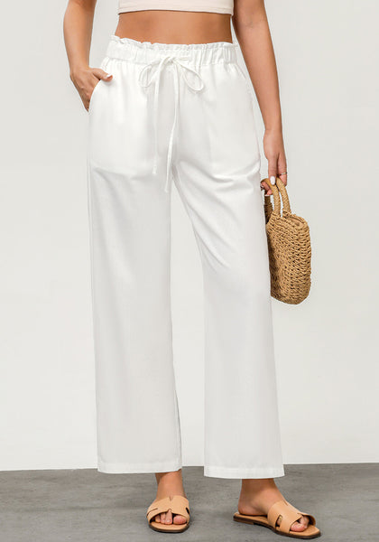 Cream White Women's Casual Full Length Elastic High Waist Relaxed Fit Wide Leg Pants with Pocket