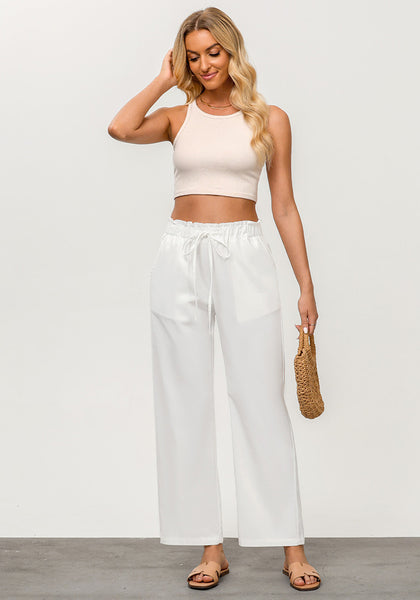 Cream White Women's Casual Full Length Elastic High Waist Relaxed Fit Wide Leg Pants with Pocket